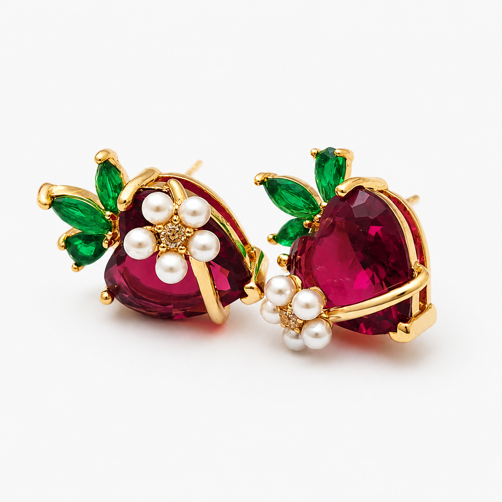 Strawberry Heart Sterling Silver Stud Earrings with American Diamonds & Pearl Accents