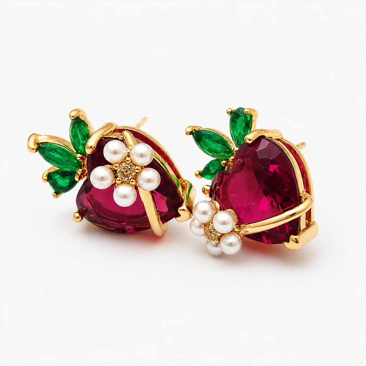 Strawberry Heart Sterling Silver Stud Earrings with American Diamonds & Pearl Accents