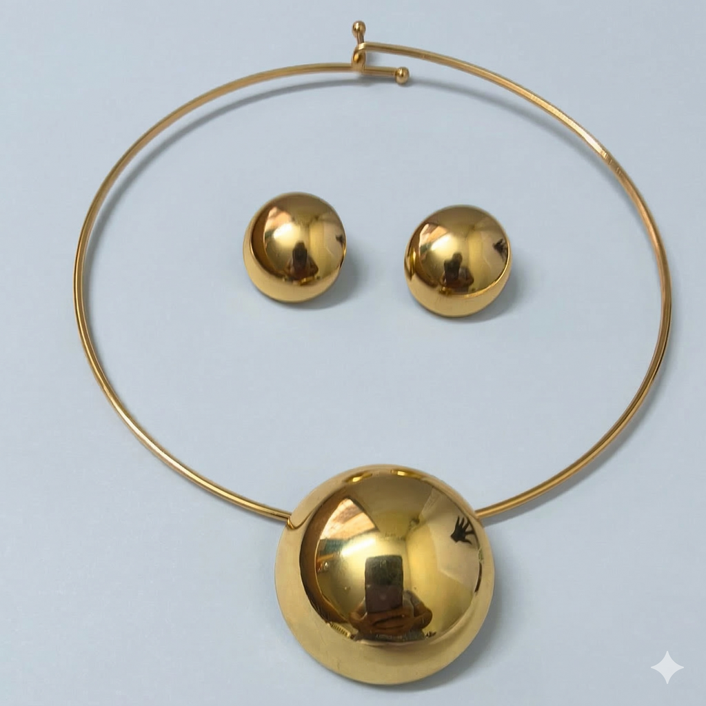 Gold Dome Pendant Choker Necklace Set with Stud Earrings
