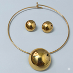 Gold Dome Pendant Choker Necklace Set with Stud Earrings