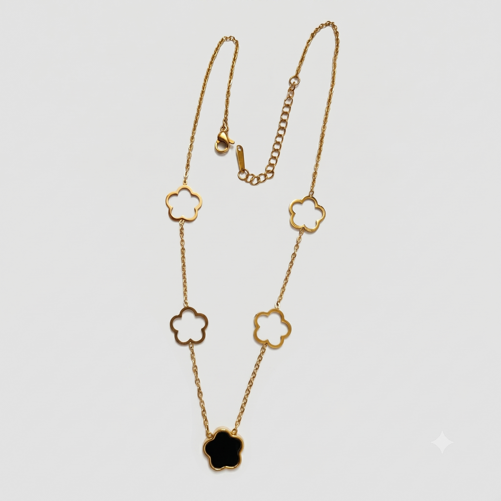 Clover Charm Stainless Steel Necklace – Gold Finish with Black Accent Pendant