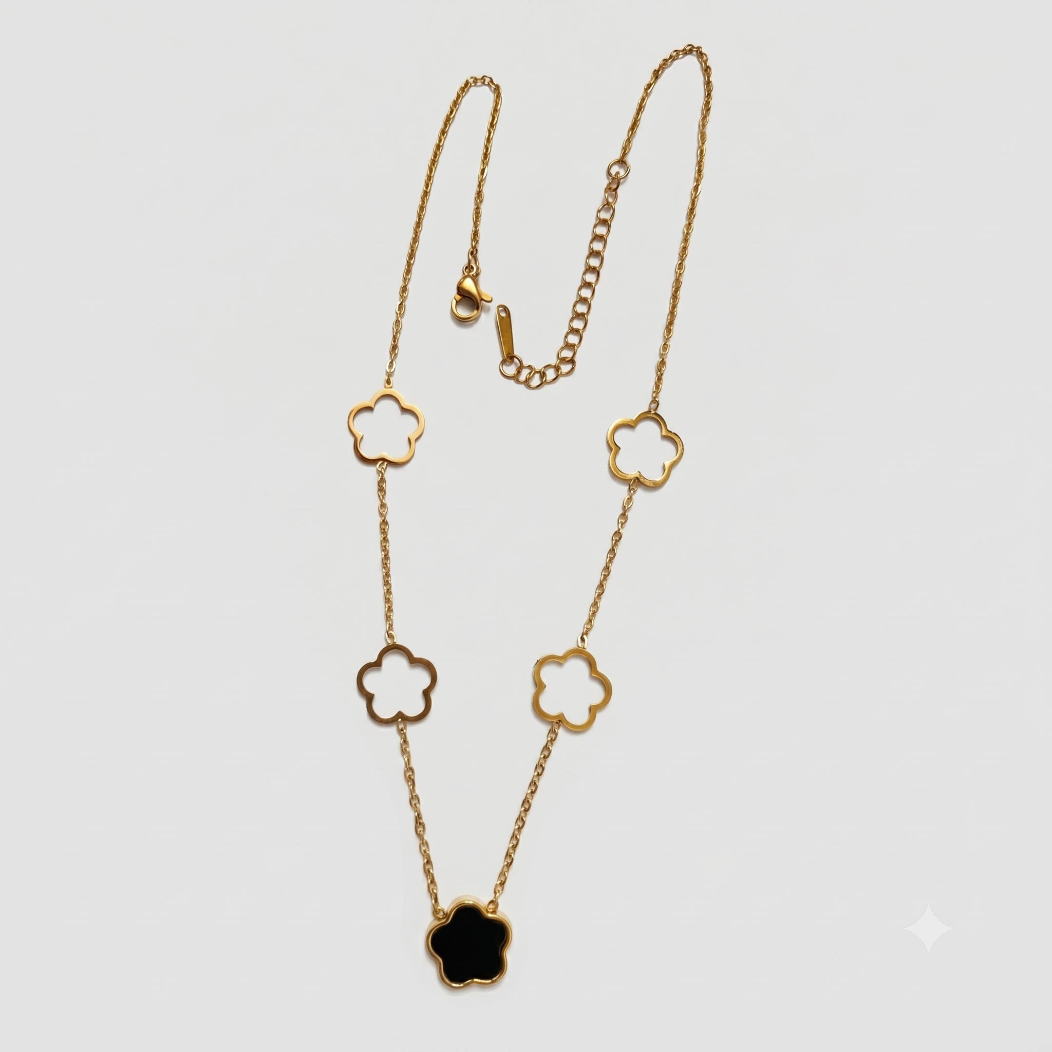 Clover Charm Stainless Steel Necklace – Gold Finish with Black Accent Pendant