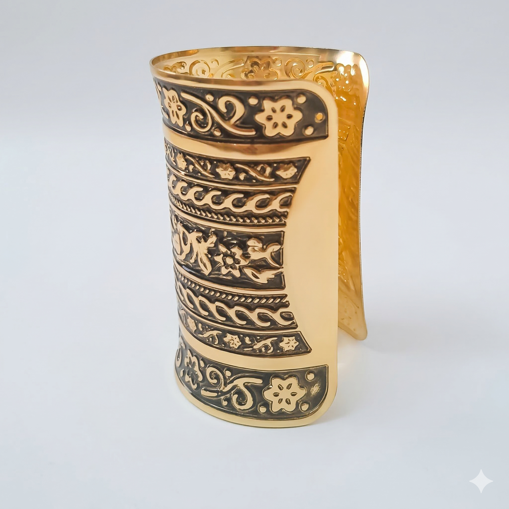 Vintage Floral Engraved Wide Cuff Bracelet – Antique Gold Finish