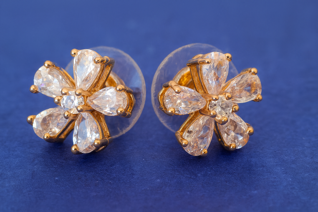 Elegant Glow Brass Hoop Drop & Floral Stud Earrings Combo with American Diamonds