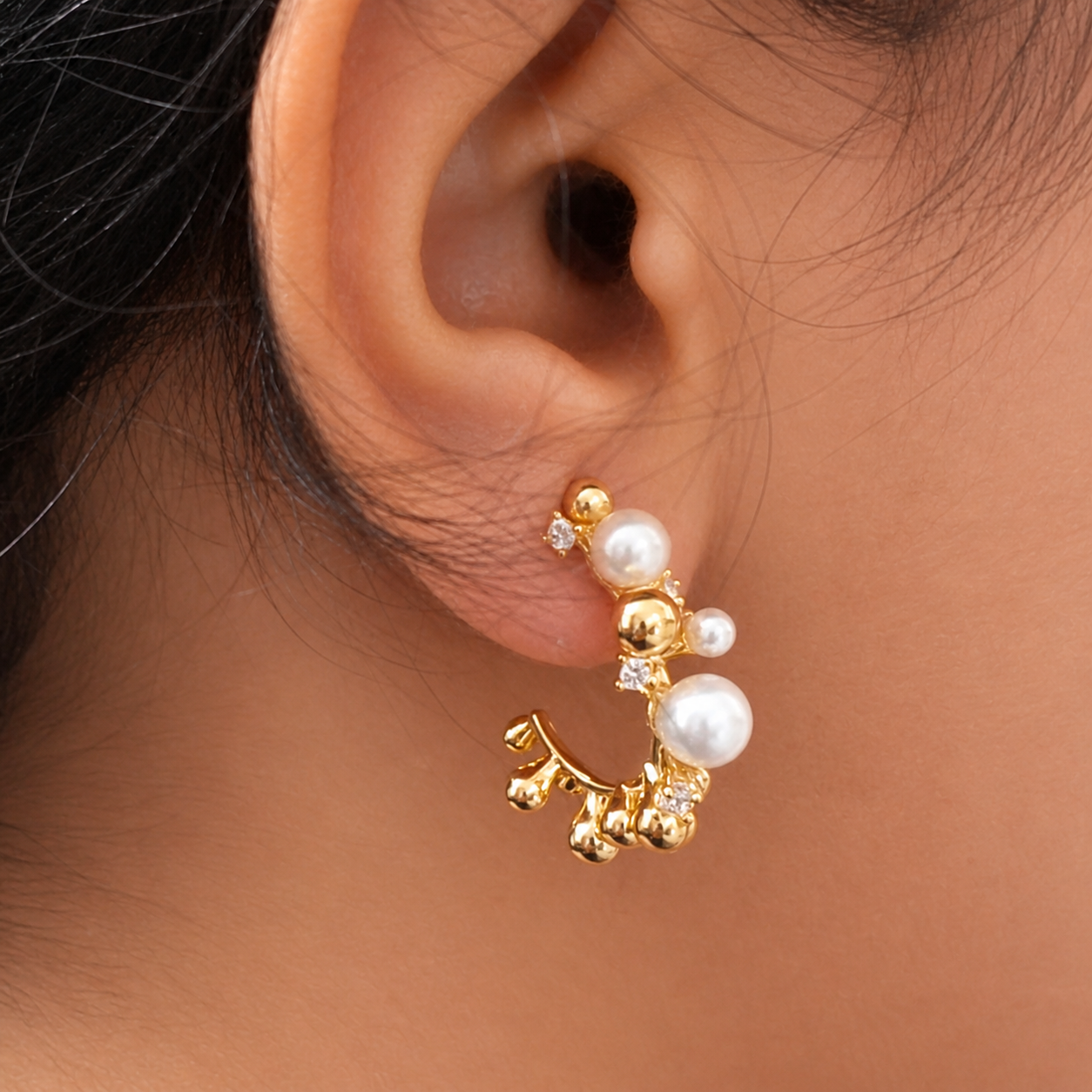 Anti-Tarnish Gold Pearl Hoop Earrings with CZ Stones – Elegant Statement Earrings