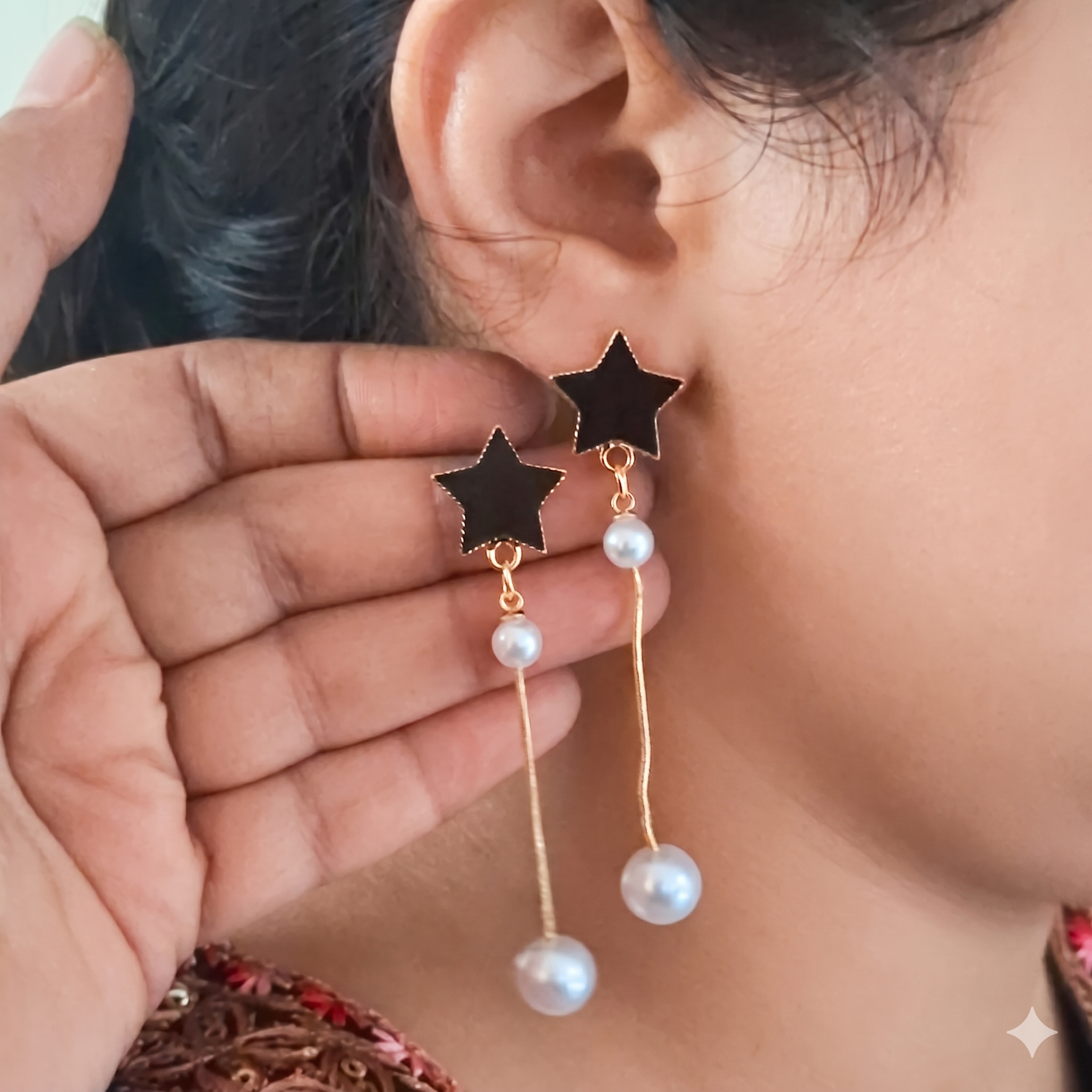 Black Star & Pearl Long Drop Earrings