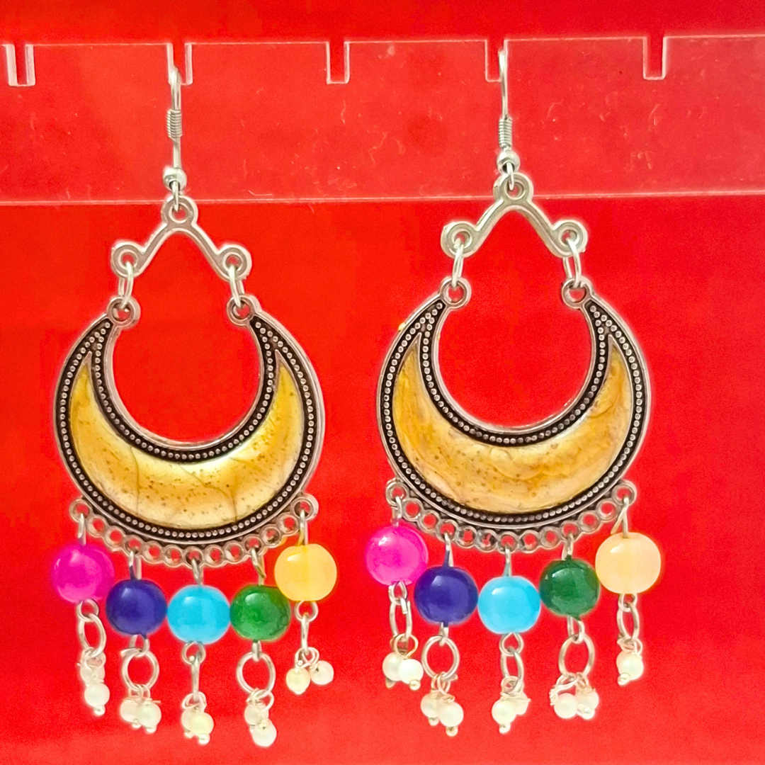 Dual Charm Oxidized Earrings – Jhumka & Crescent Multicolor (2 Variants)