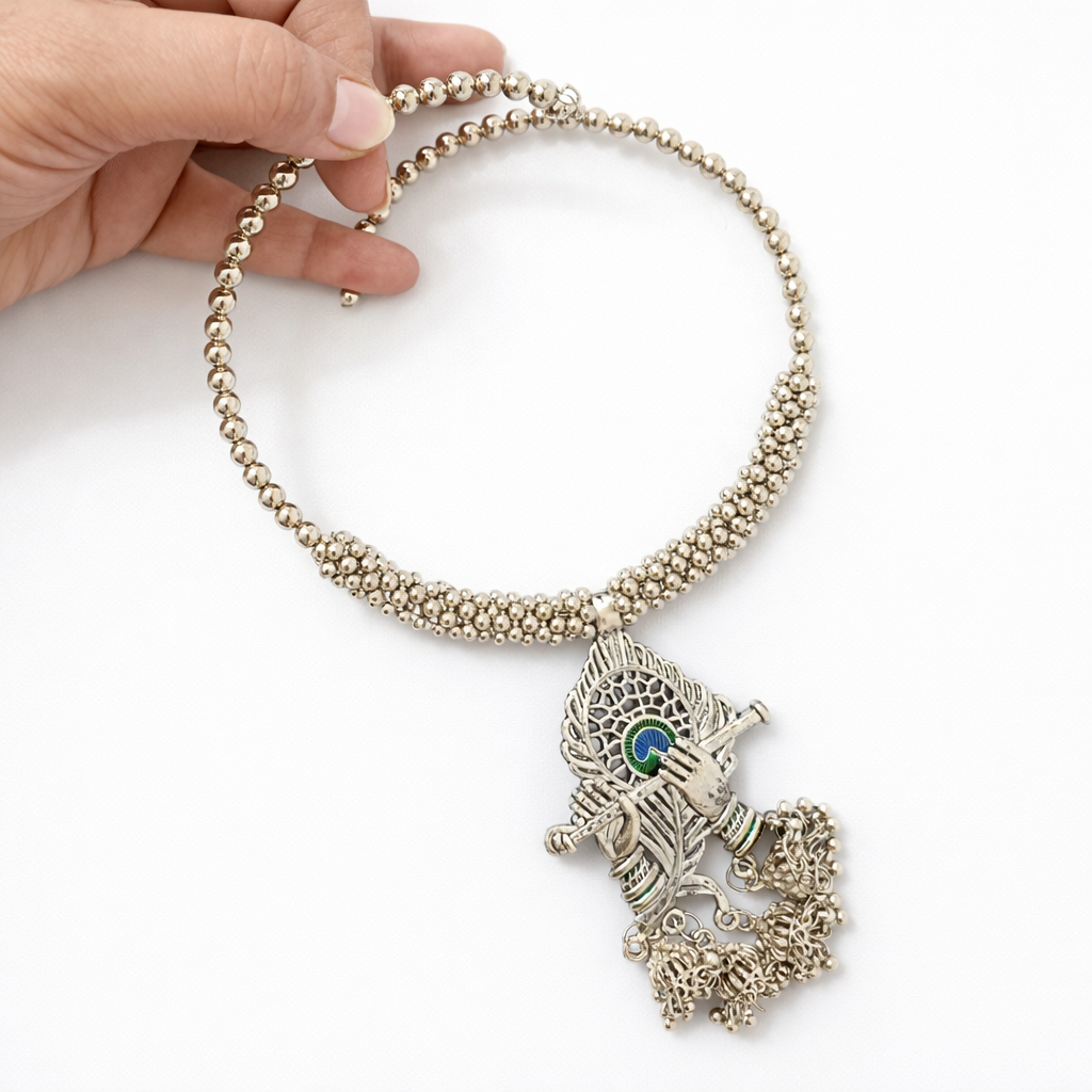 Oxidized Silver Krishna Flute Statement Choker Necklace