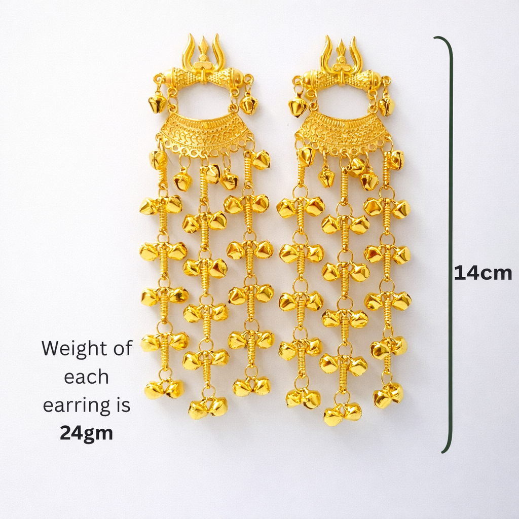 Kashmiri Trishul Gold Statement Earrings with Ghungroo Drops