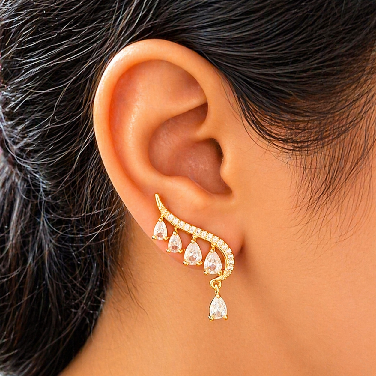 Premium Anti-Tarnish Gold Ear Climbers with Teardrop Stones