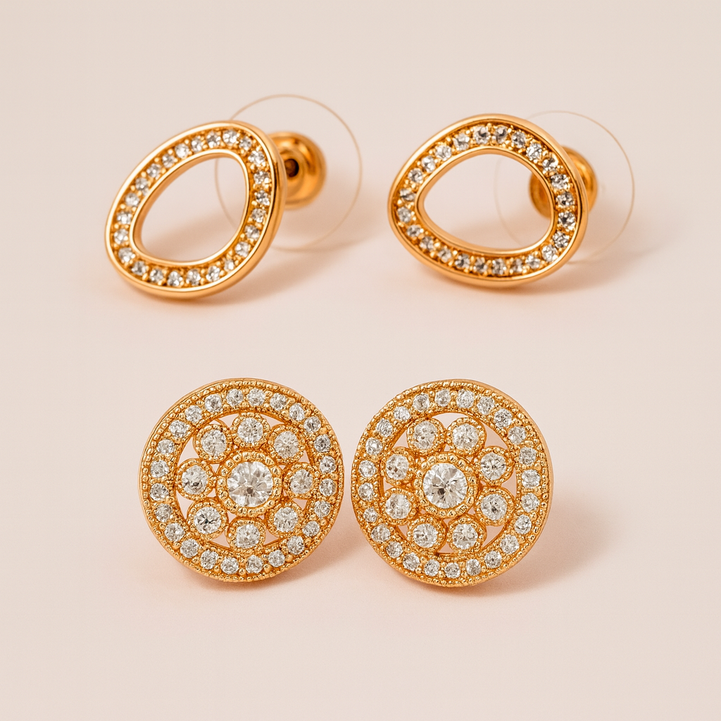 Timeless Sparkle Brass Oval & Round Stud Earrings Combo with American Diamonds