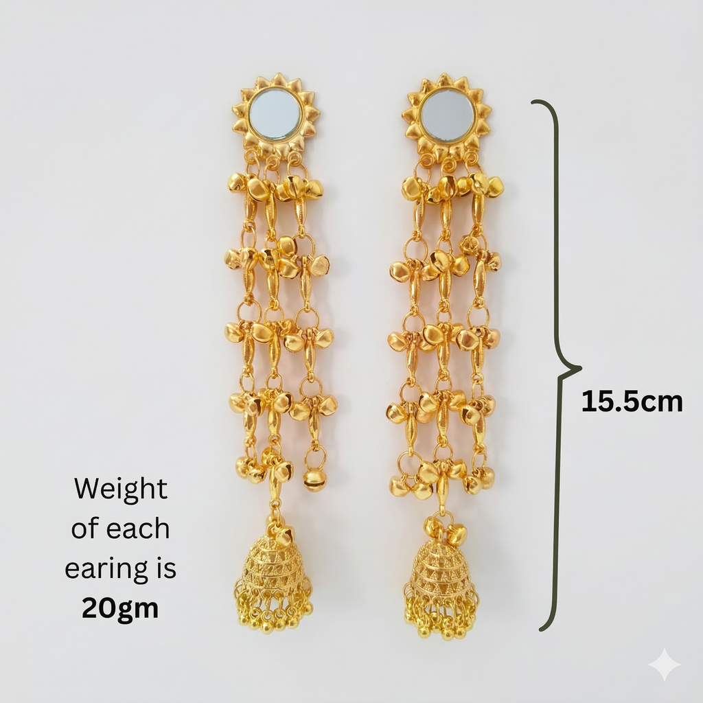 Kashmiri Noor Jhumka Chandeliers - Gold Tone Mirror Work Earrings