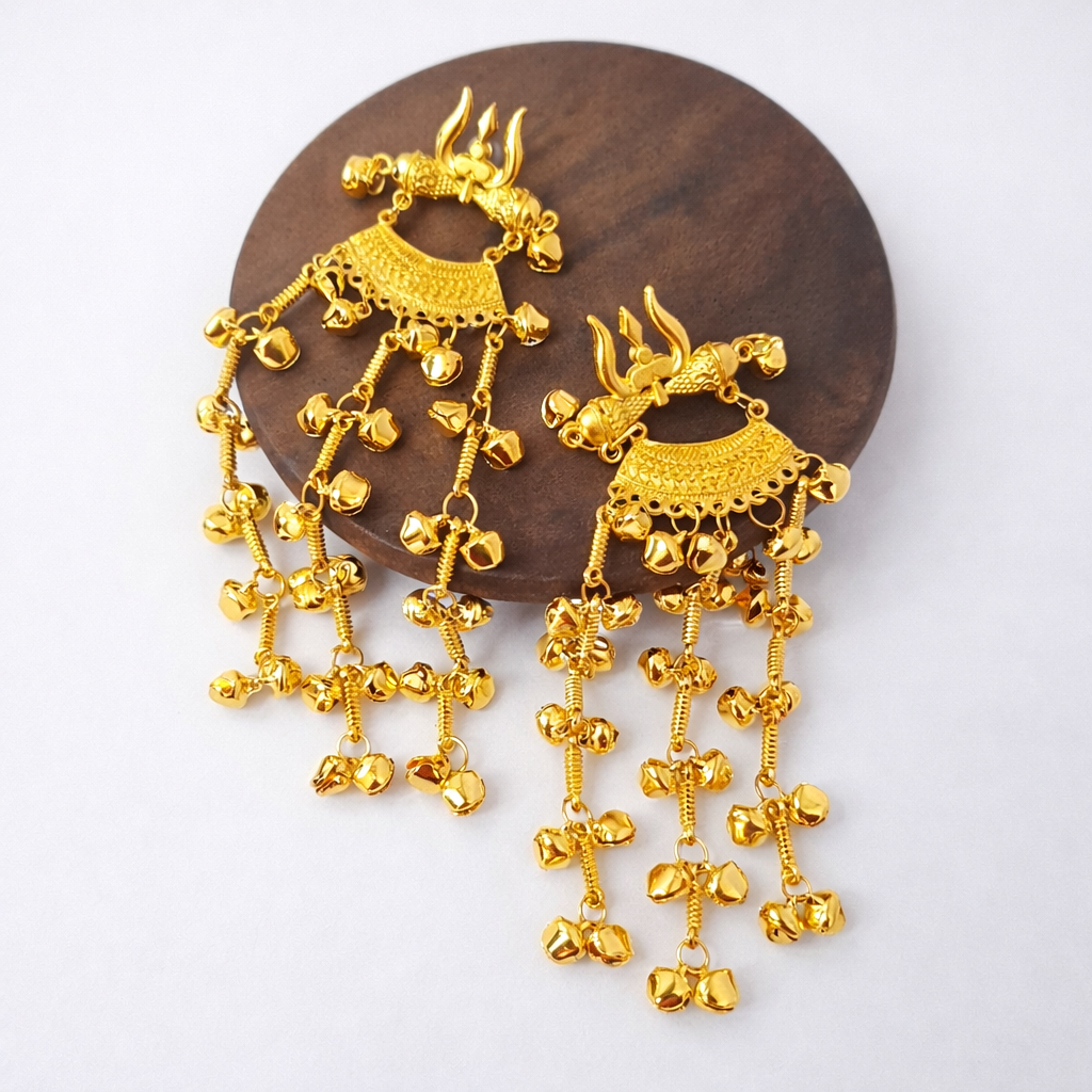 Kashmiri Trishul Gold Statement Earrings with Ghungroo Drops