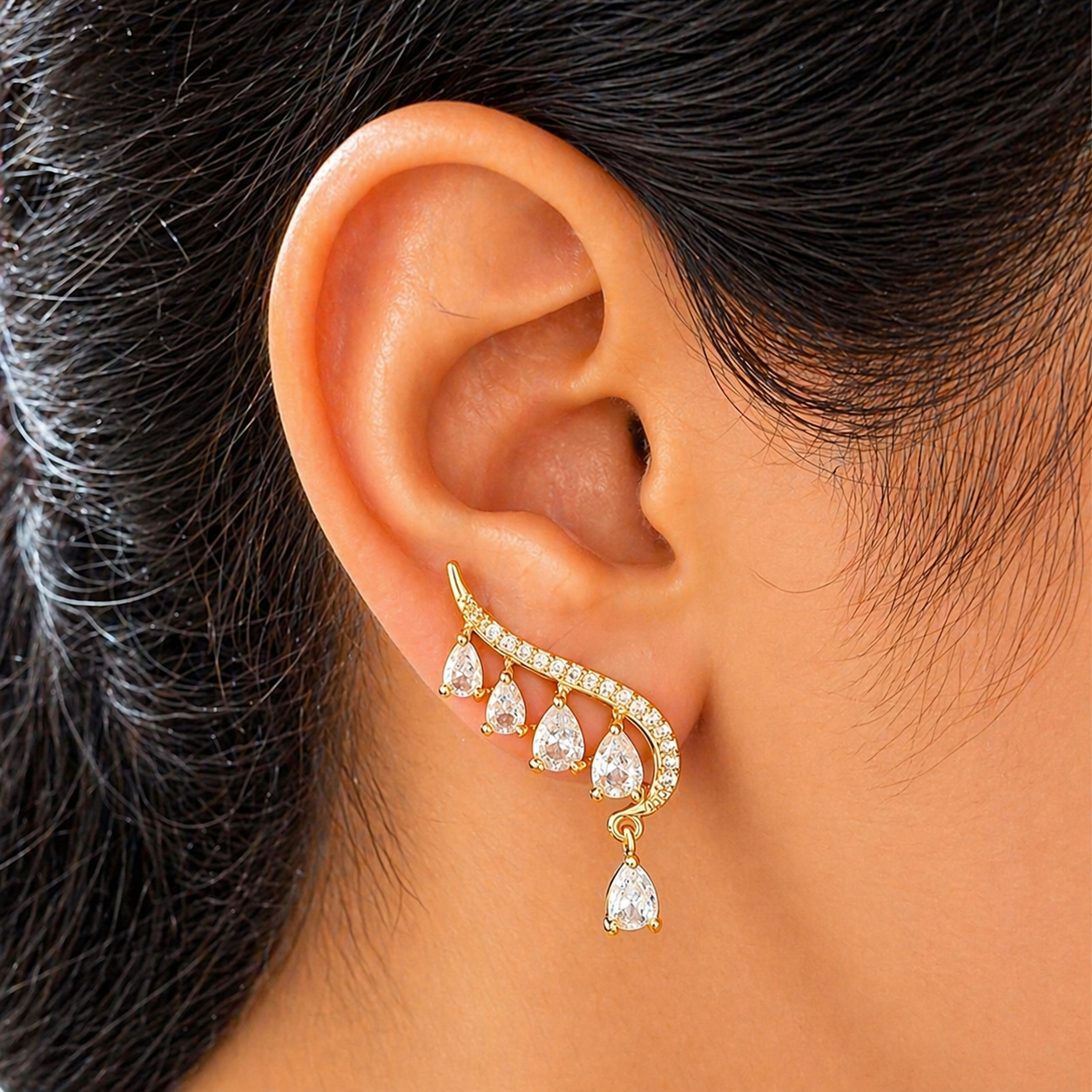 Premium Anti-Tarnish Gold Ear Climbers with Teardrop Stones