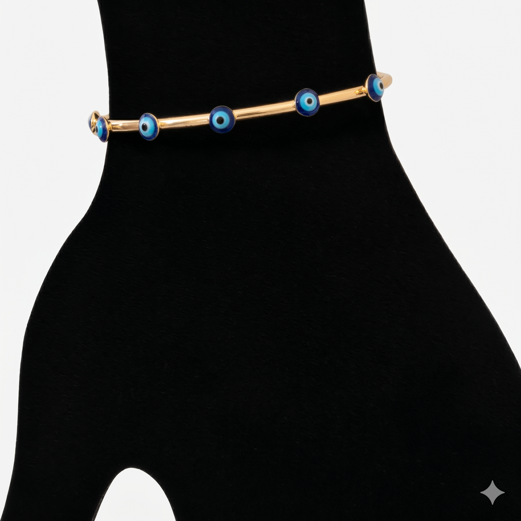 Blue Evil Eye Open Cuff Bracelet – Gold Plated Stainless Steel Anti-Tarnish Bangle for Women