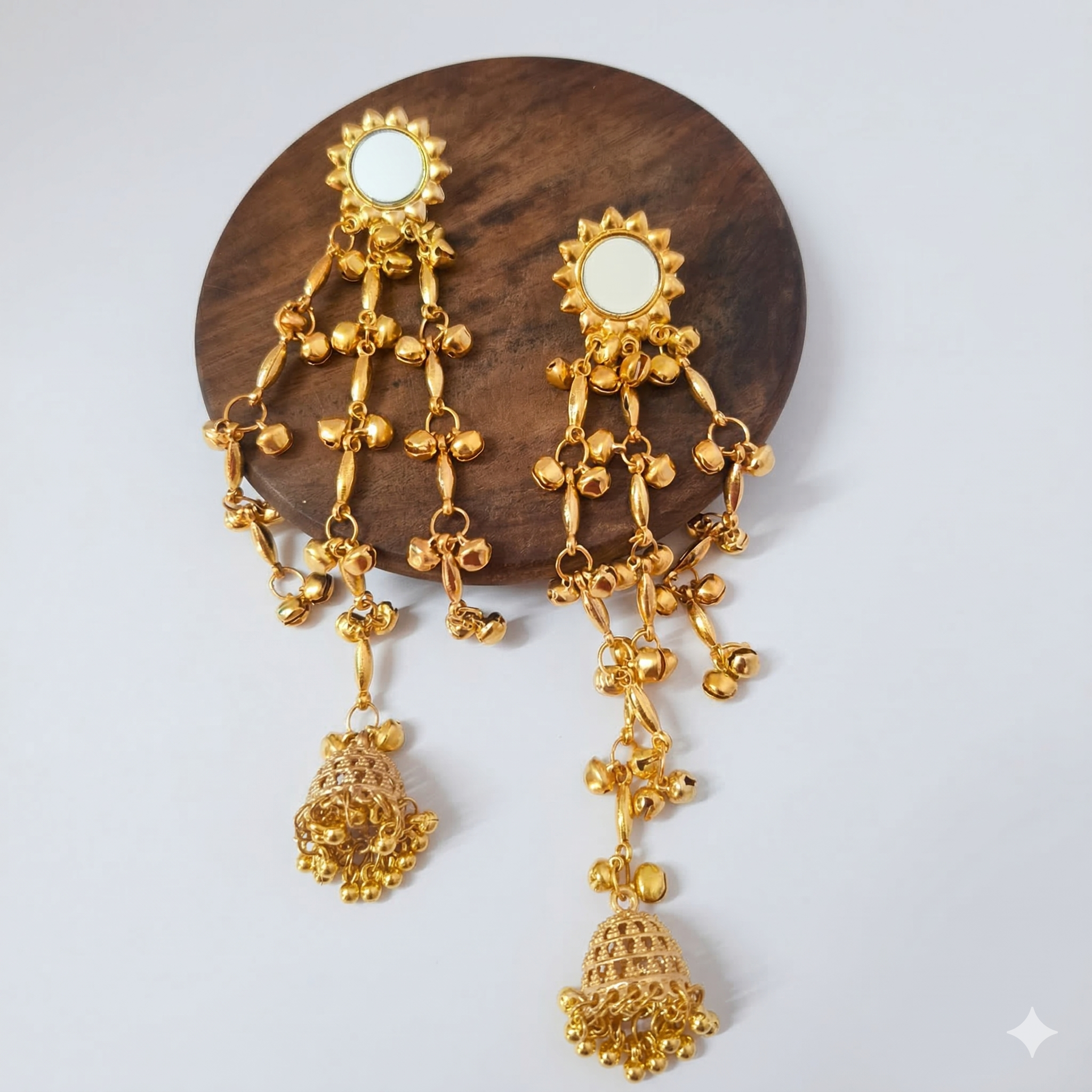 Kashmiri Noor Jhumka Chandeliers - Gold Tone Mirror Work Earrings