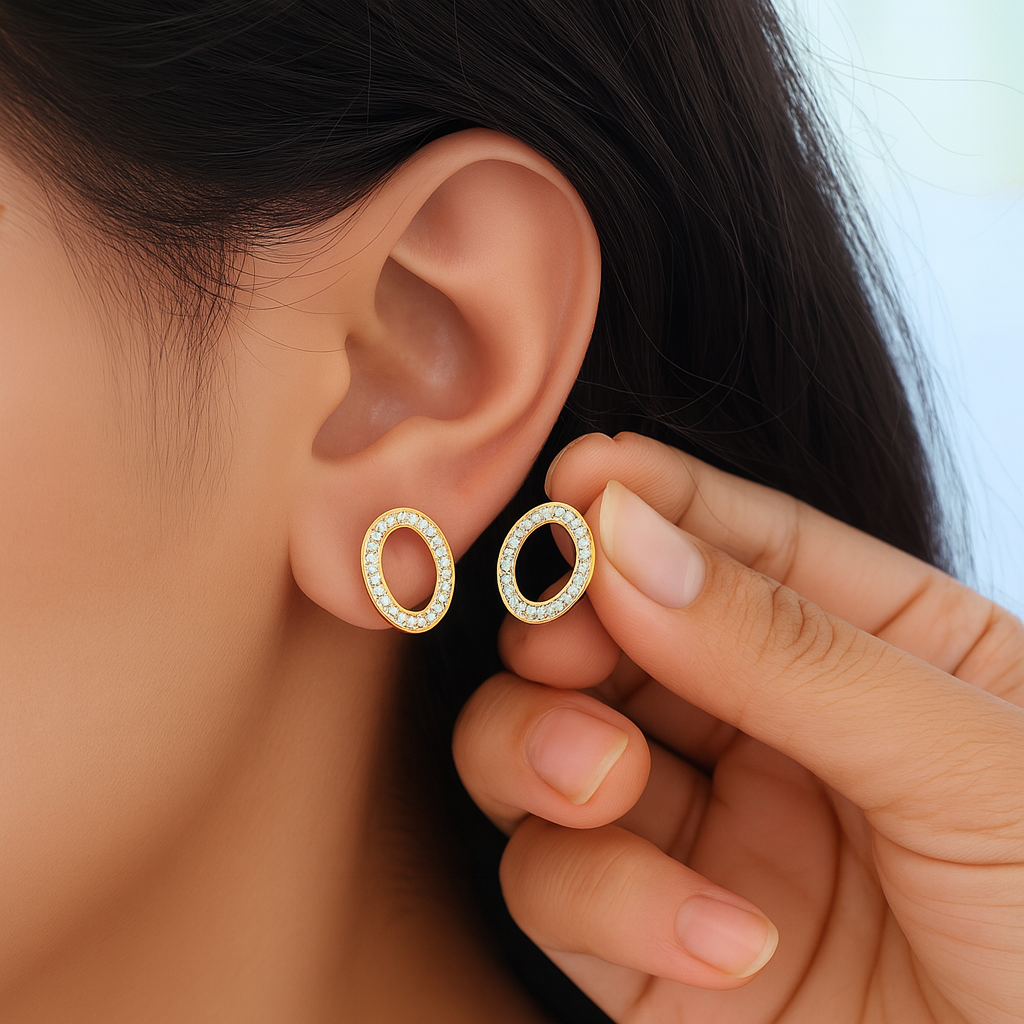 Timeless Sparkle Brass Oval & Round Stud Earrings Combo with American Diamonds