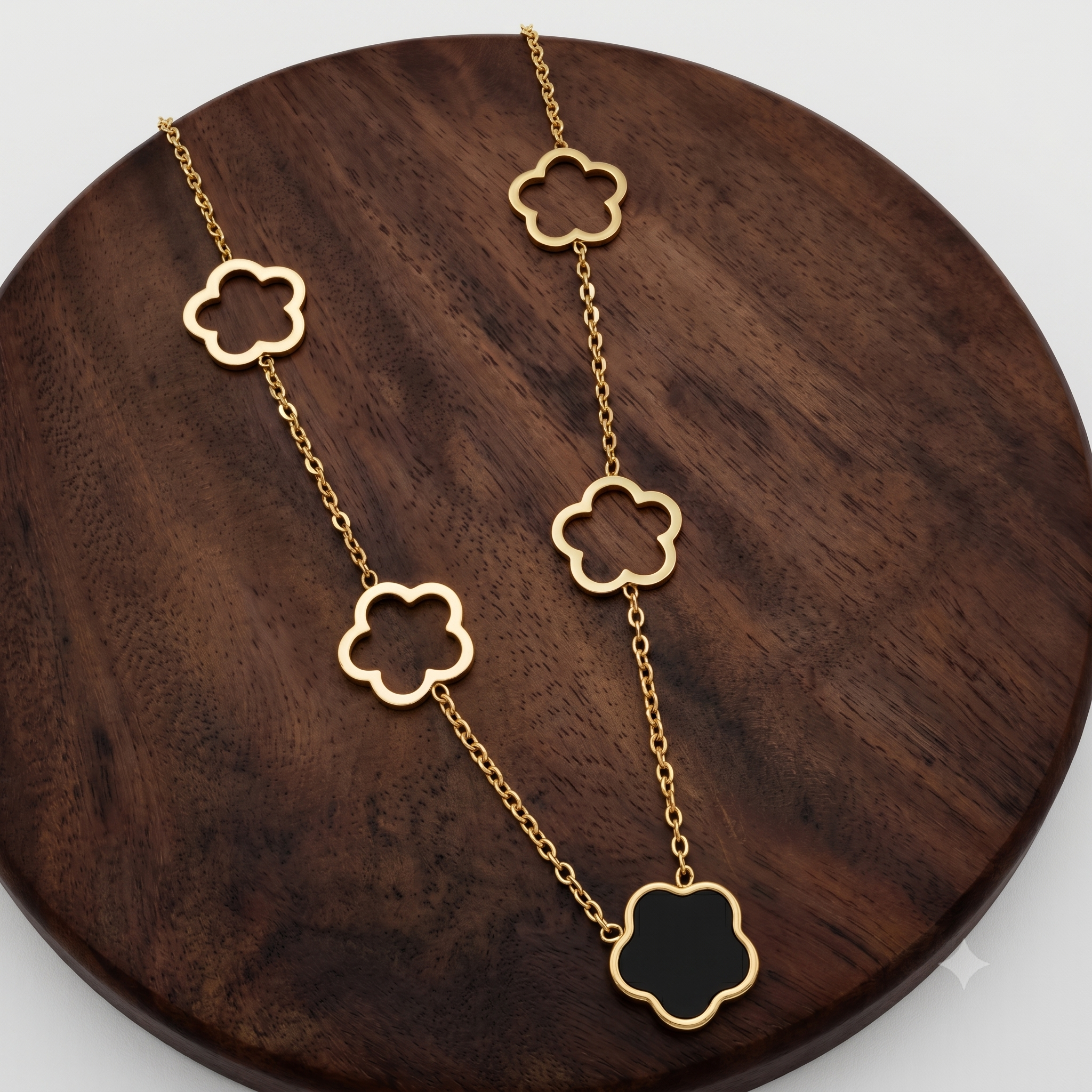 Clover Charm Stainless Steel Necklace – Gold Finish with Black Accent Pendant