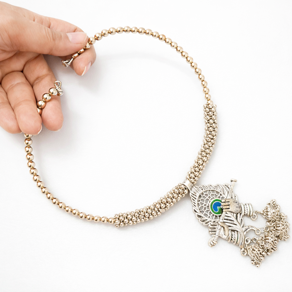 Oxidized Silver Krishna Flute Statement Choker Necklace