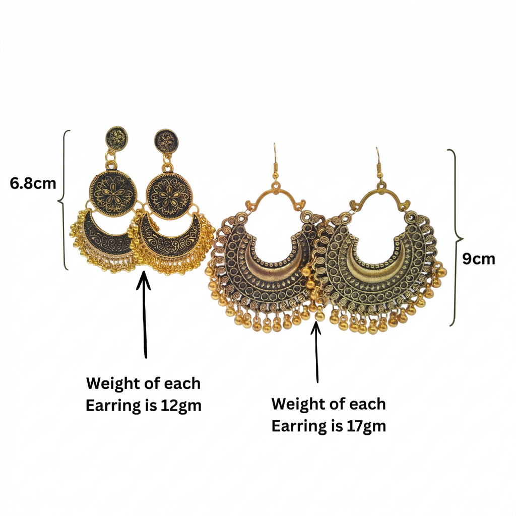 Oxidized Gold & Antique Chandbali Earrings Set - 2 Pairs
