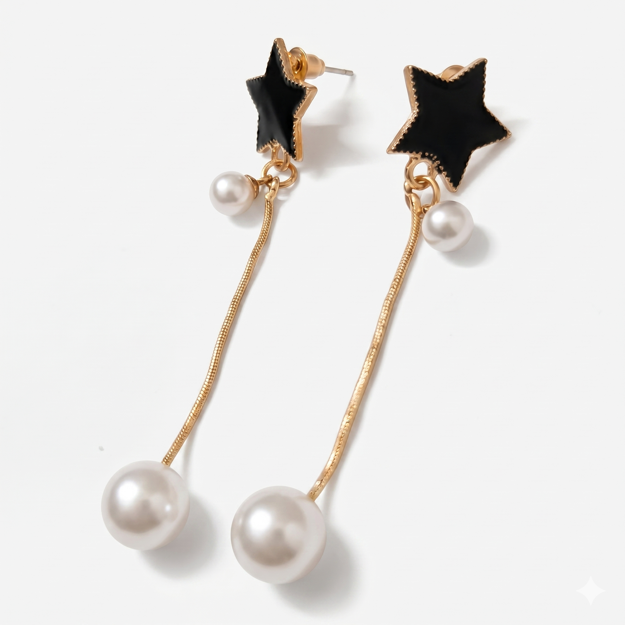 Black Star & Pearl Long Drop Earrings