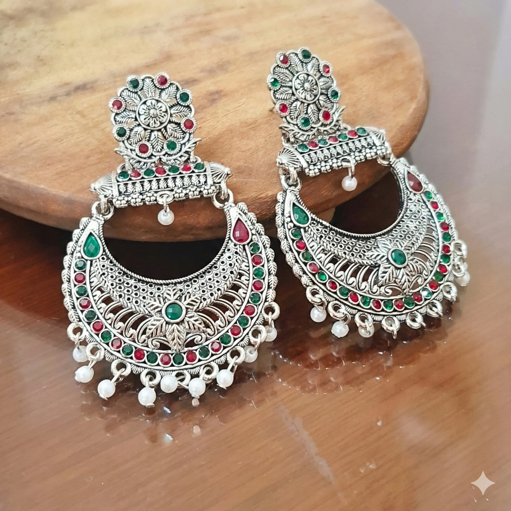 Ethnic Antique Silver Chandbali Earrings for Festive Wear
