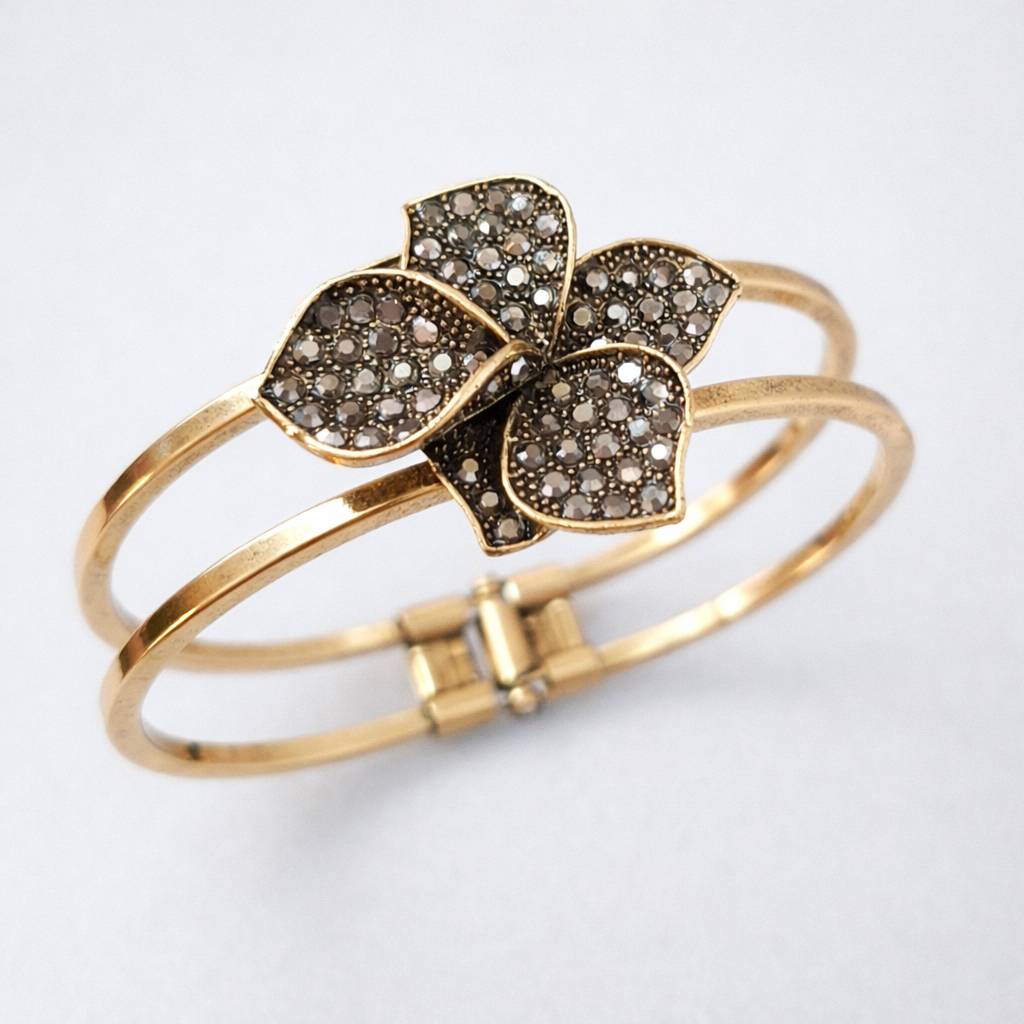 Floral Crystal Double Bangle Bracelet – Gold Tone Bracelet