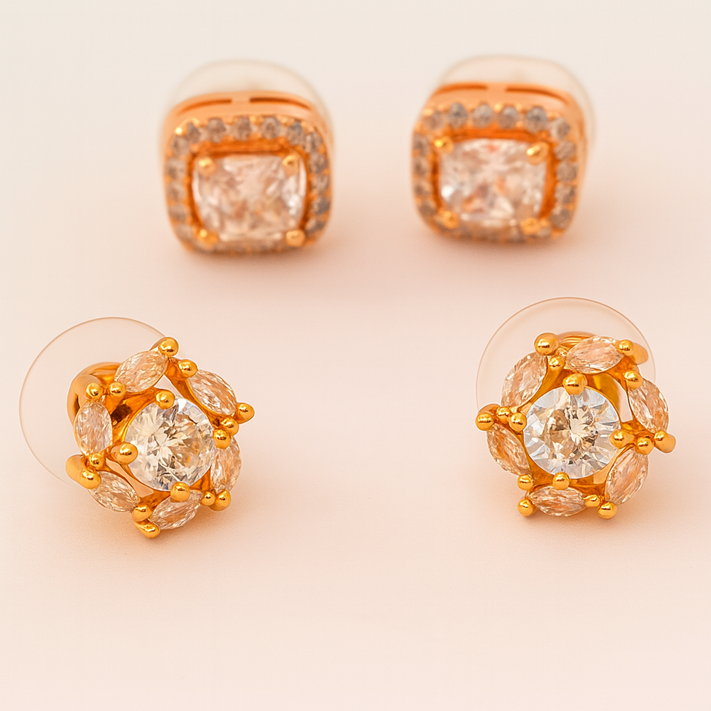 Radiant Sparkle Brass Stud Earrings Combo with American Diamonds (Set of 2)