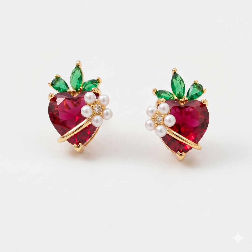 Strawberry Heart Sterling Silver Stud Earrings with American Diamonds & Pearl Accents
