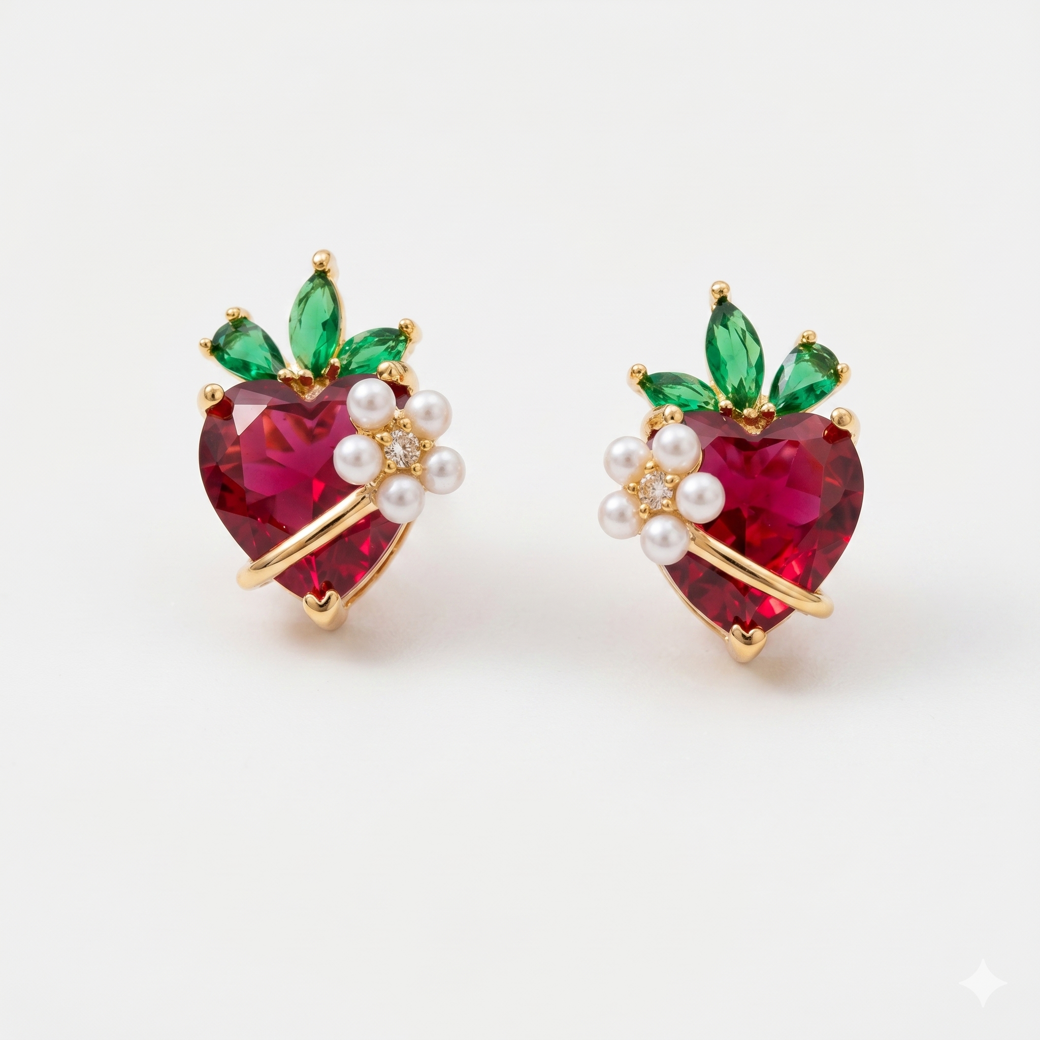 Strawberry Heart Sterling Silver Stud Earrings with American Diamonds & Pearl Accents