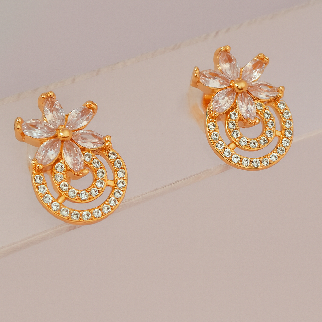 Floral American Diamond Stud Earrings – Gold Plated Brass