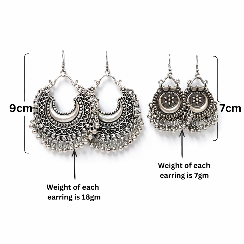 Oxidized Silver Dual Earrings Combo – Statement Chandbali & Floral Drop Set