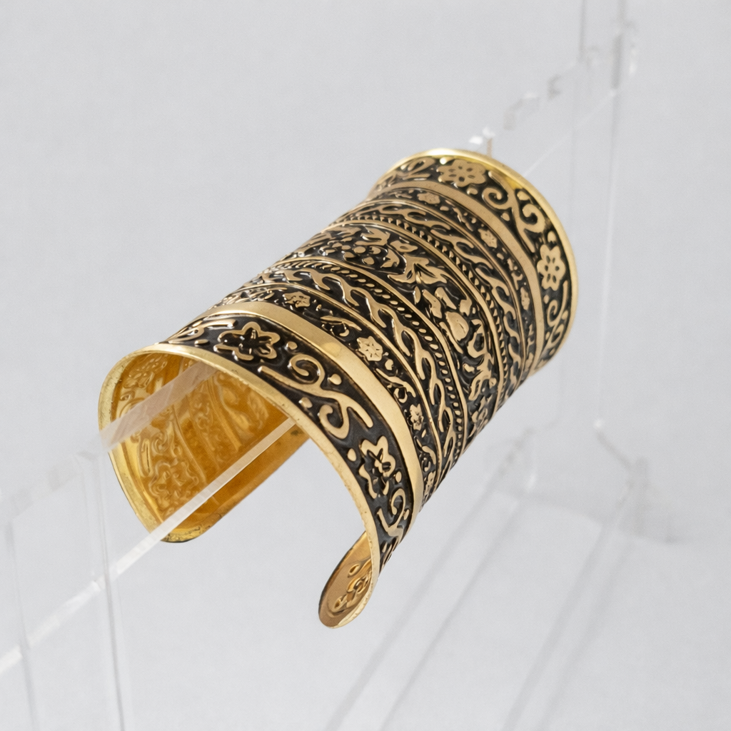 Vintage Floral Engraved Wide Cuff Bracelet – Antique Gold Finish