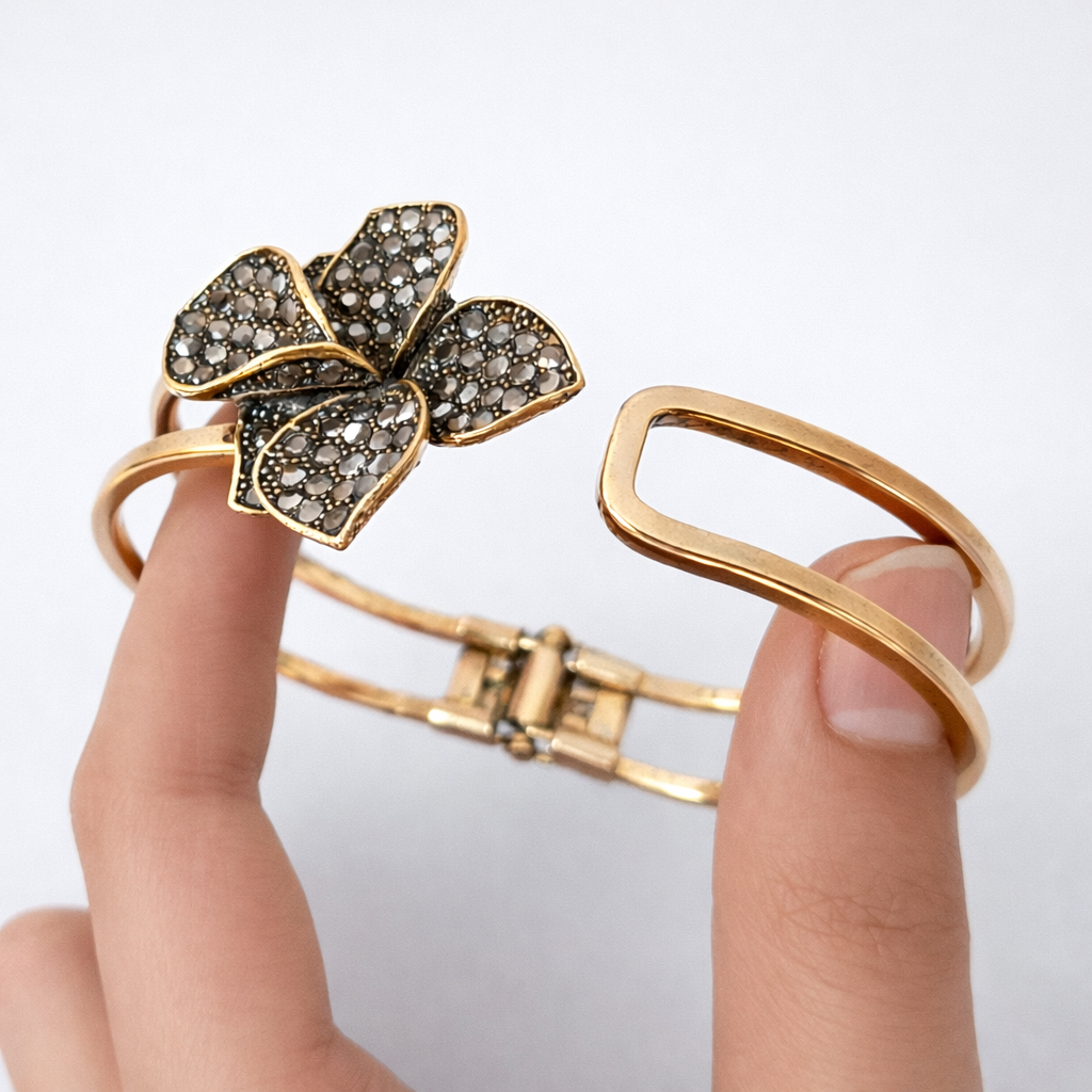 Floral Crystal Double Bangle Bracelet – Gold Tone Bracelet