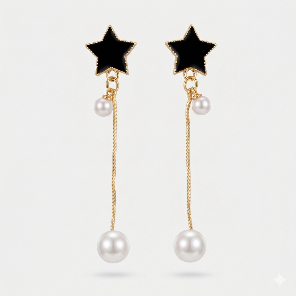 Black Star & Pearl Long Drop Earrings