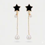 Black Star & Pearl Long Drop Earrings
