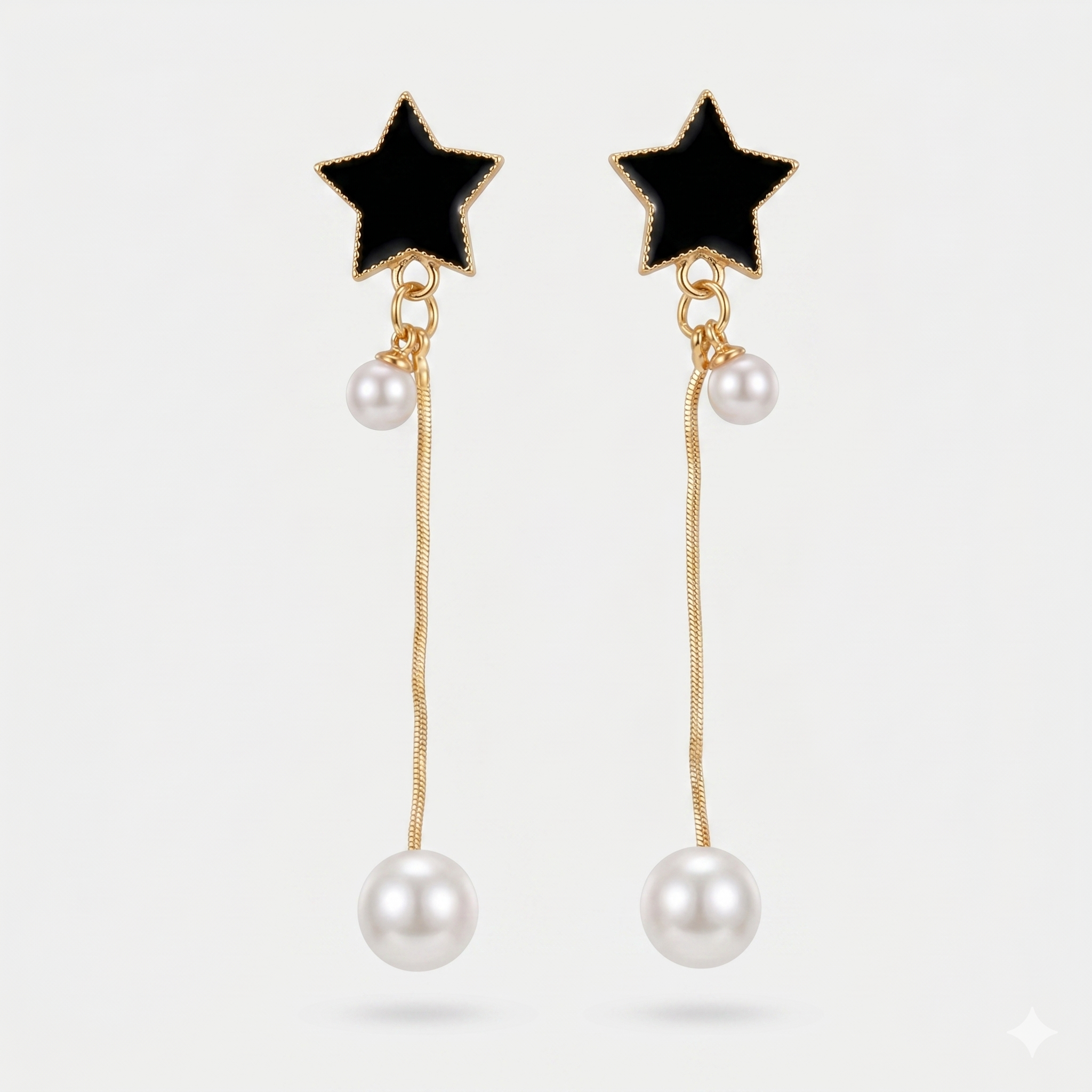 Black Star & Pearl Long Drop Earrings