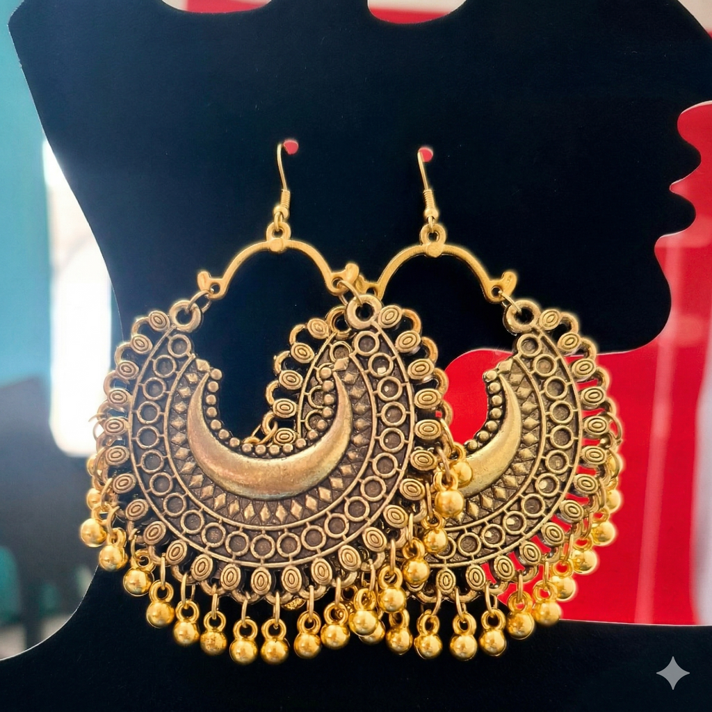 Oxidized Gold & Antique Chandbali Earrings Set - 2 Pairs