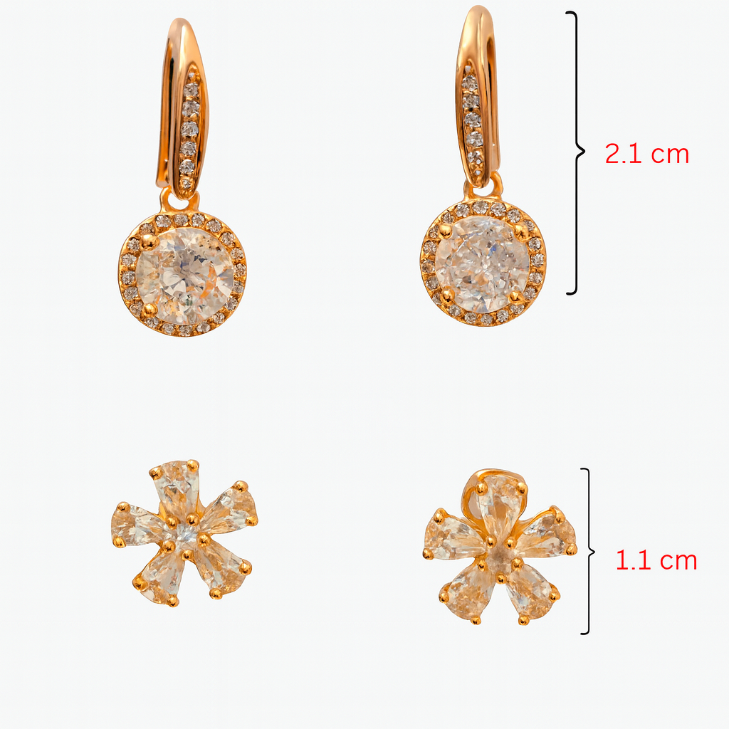 Elegant Glow Brass Hoop Drop & Floral Stud Earrings Combo with American Diamonds