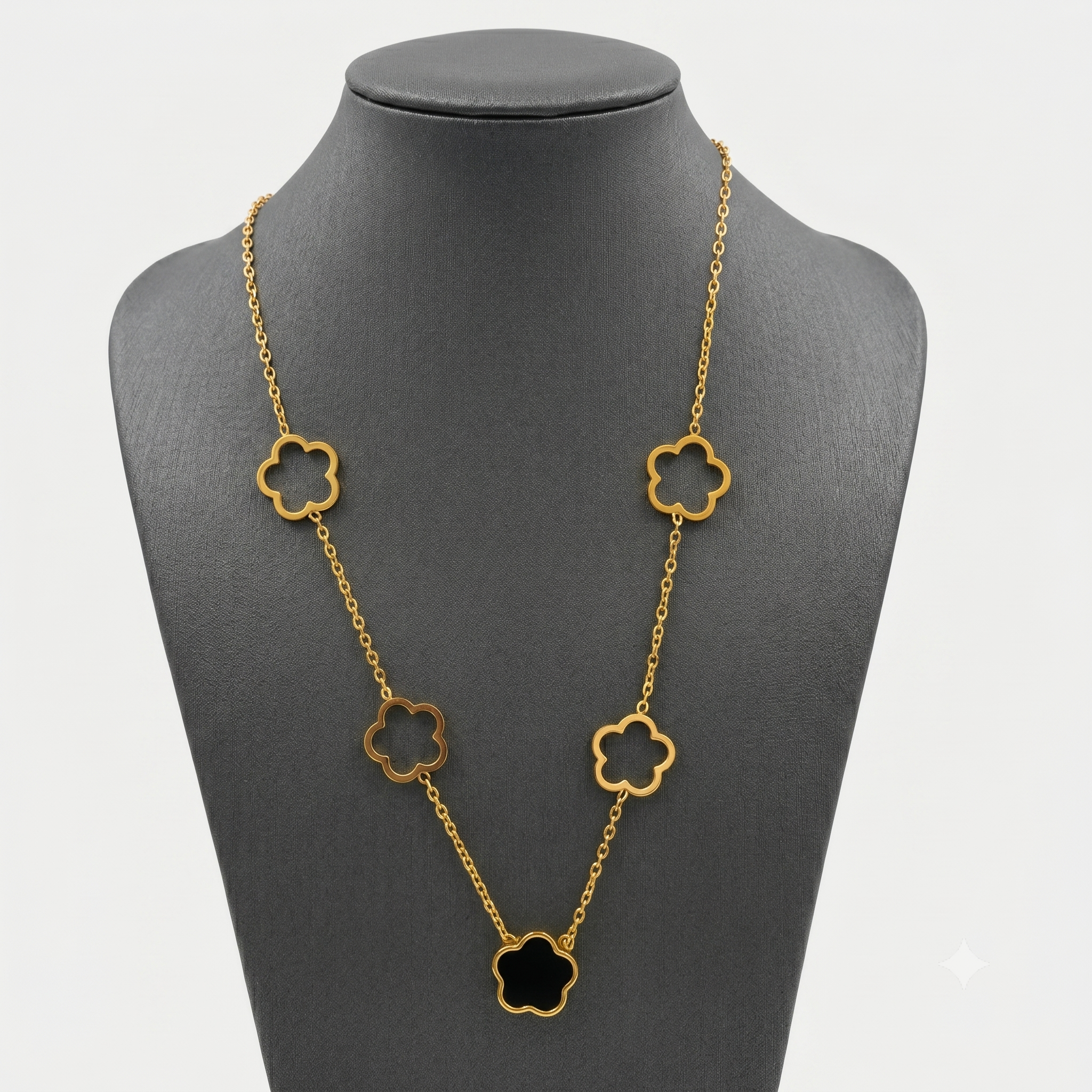 Clover Charm Stainless Steel Necklace – Gold Finish with Black Accent Pendant