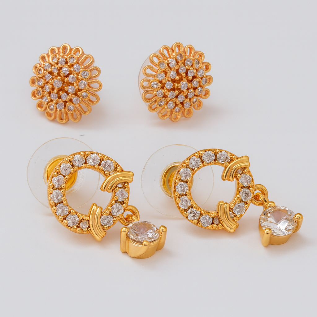 Dual Elegance Brass Stud & Drop Earrings Set with American Diamonds