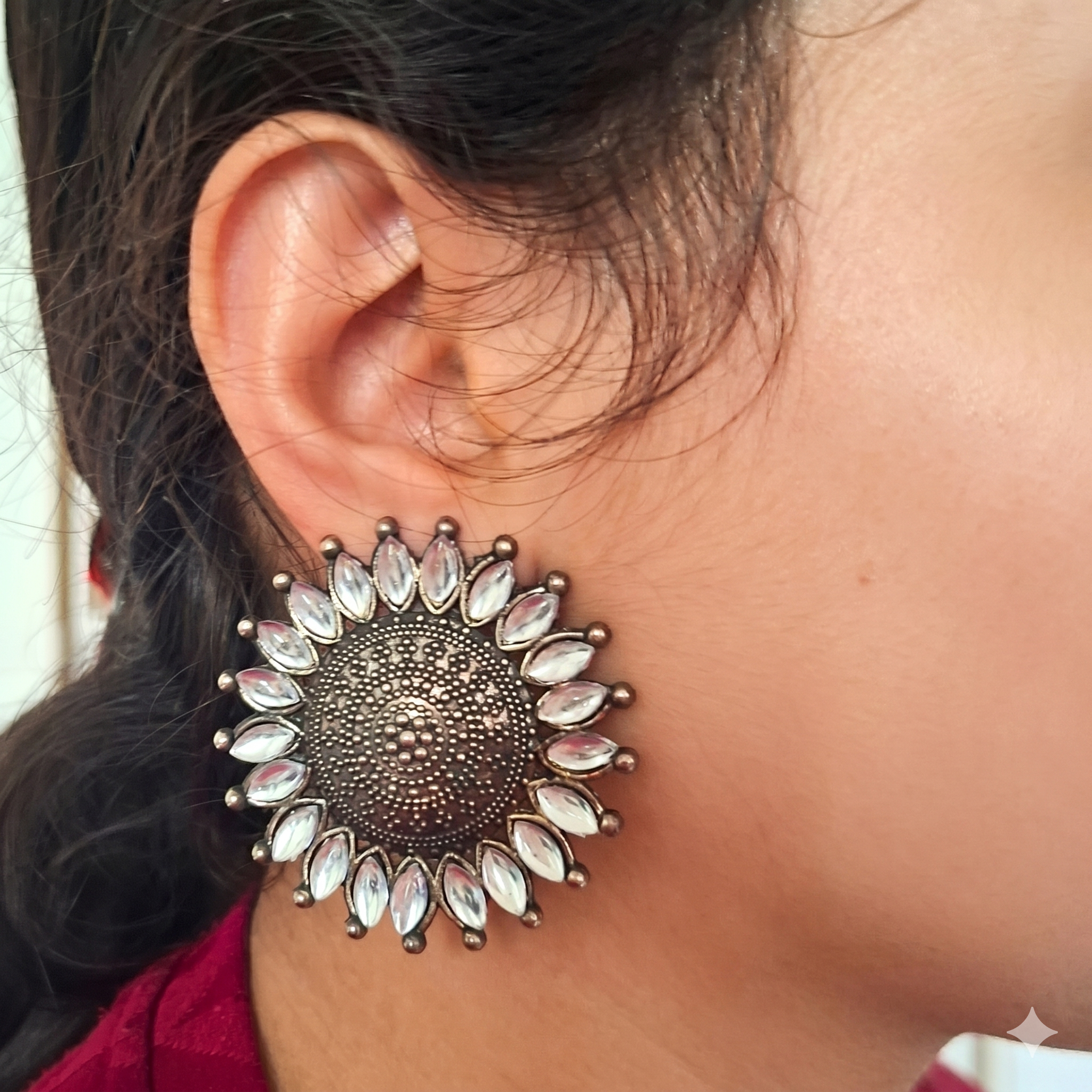 Sunburst Oxidized Statement Stud Earrings with Clear Stones