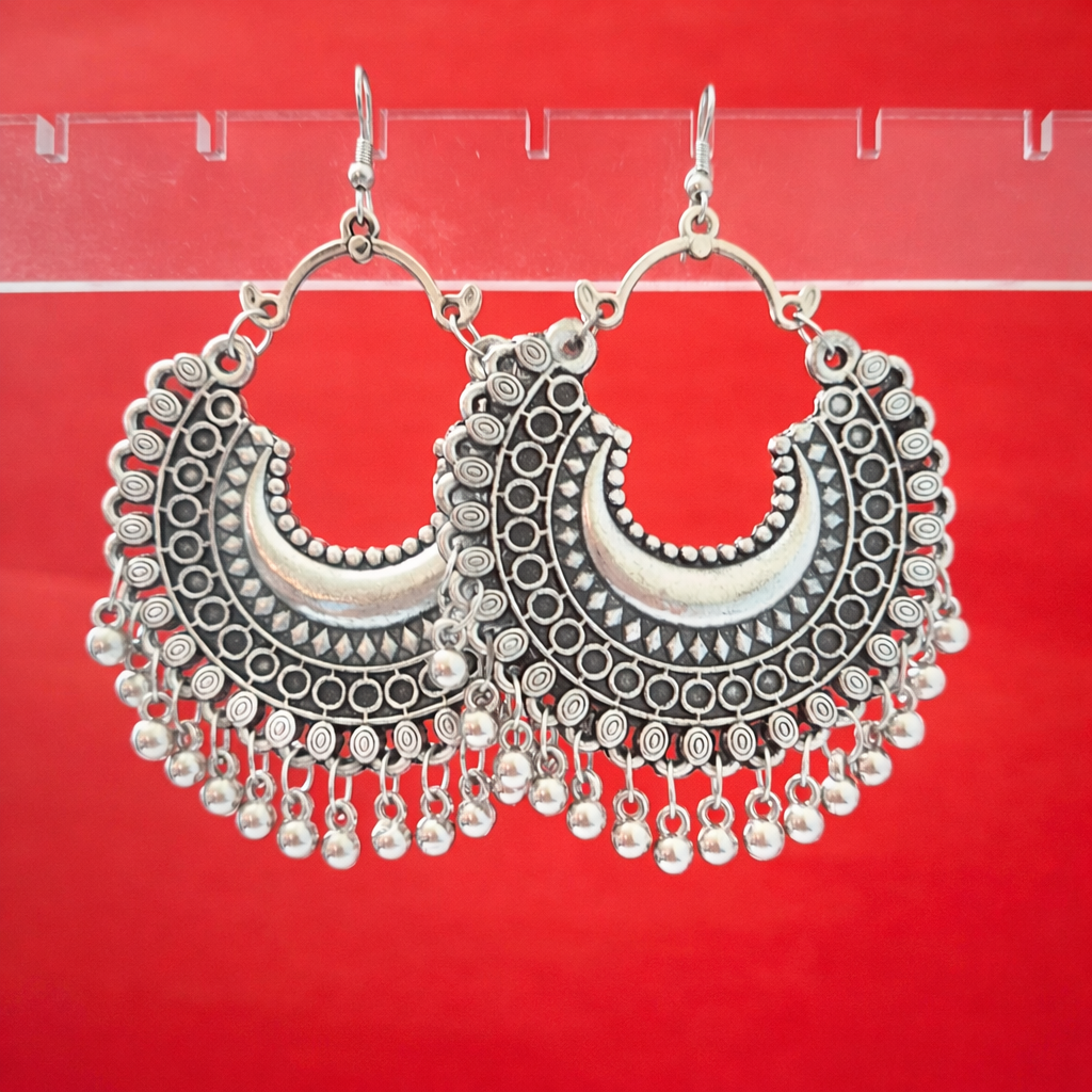 Oxidized Silver Dual Earrings Combo – Statement Chandbali & Floral Drop Set