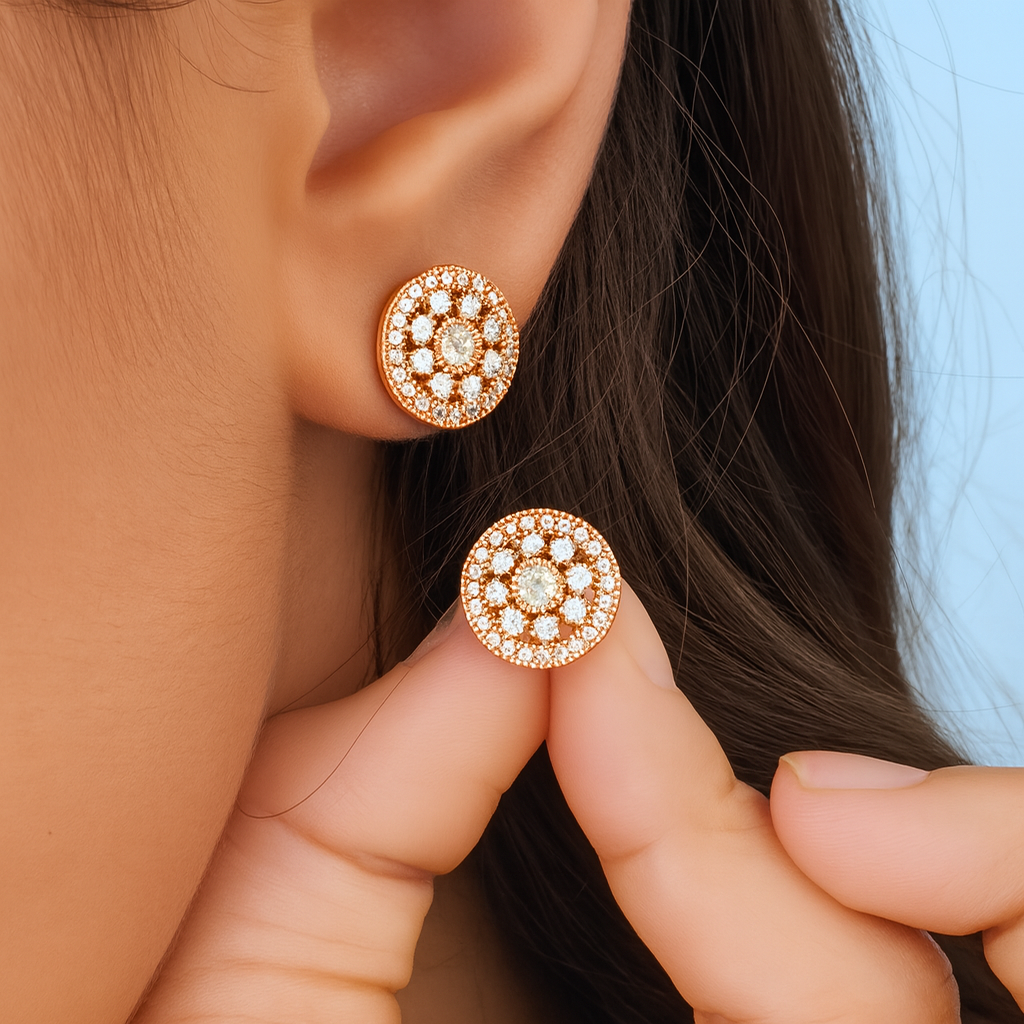Timeless Sparkle Brass Oval & Round Stud Earrings Combo with American Diamonds