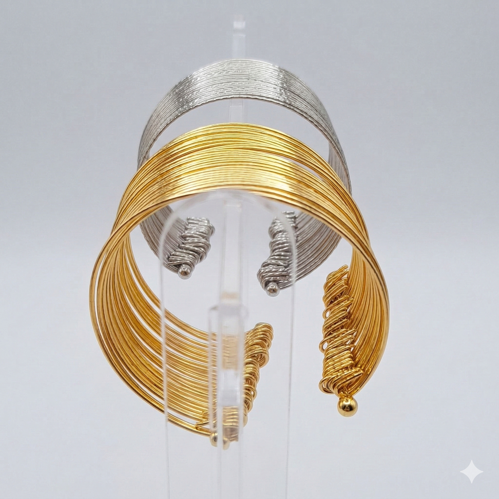 Layered Multi-Bangle Cuff Bracelet Set - Set of 2 - Gold & Oxidized Silver
