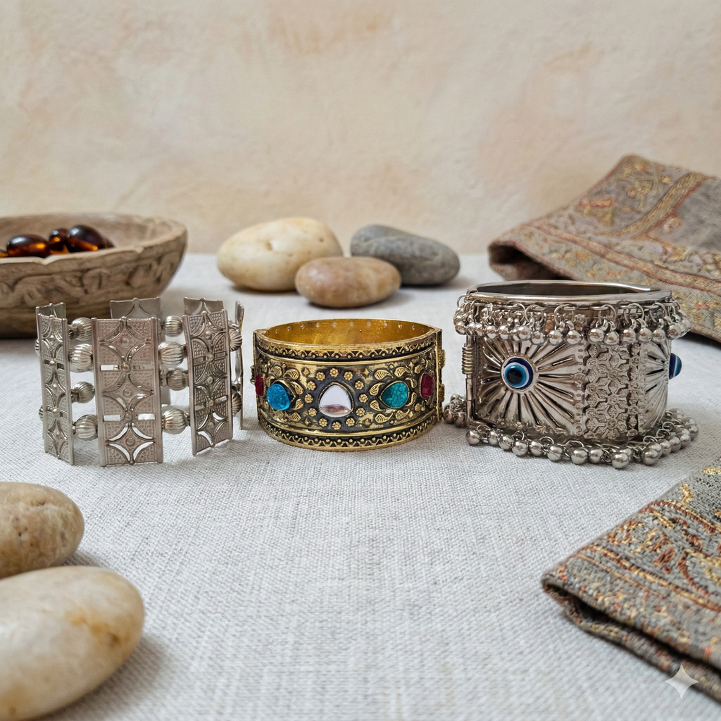 Vintage Oxidized Tribal Statement Cuff Bracelet Set (Pack of 3)