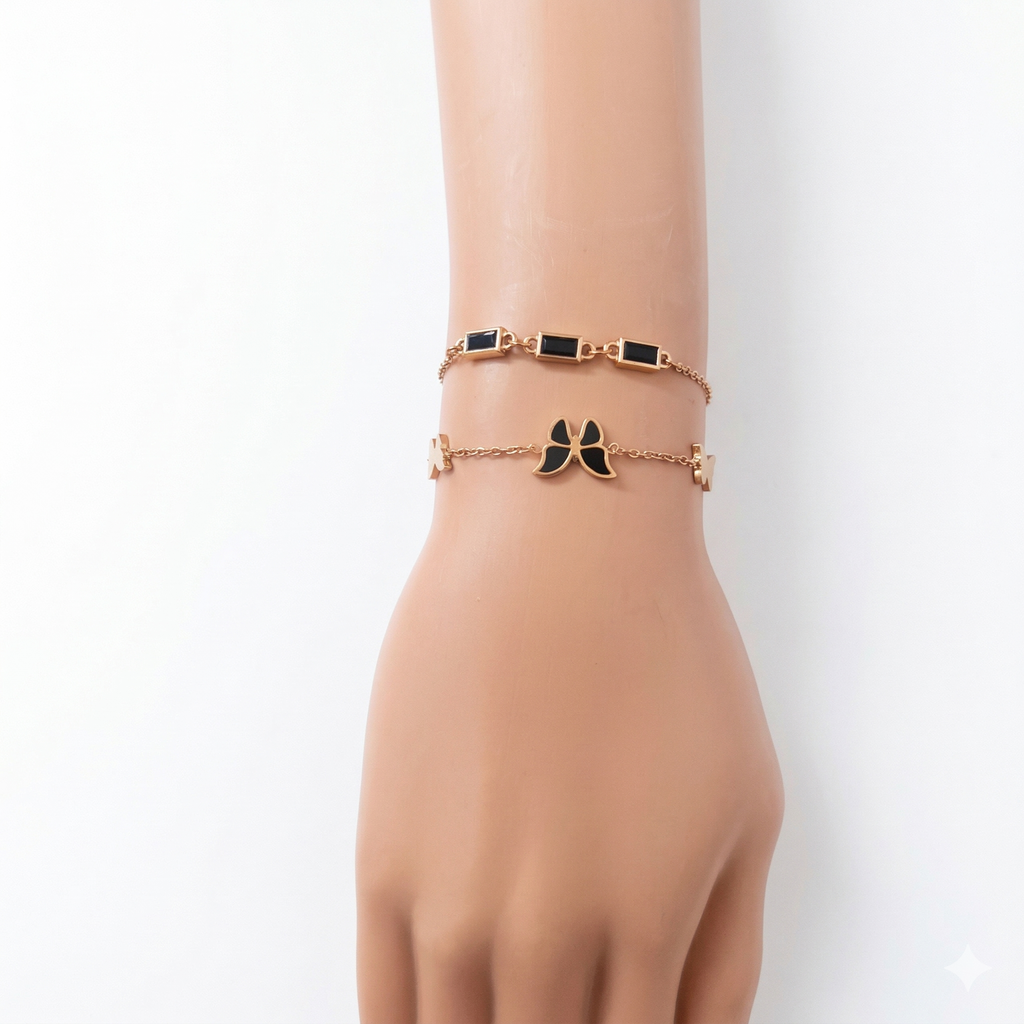Dual Layer Butterfly Charm Stainless Steel Bracelet – Black & Gold
