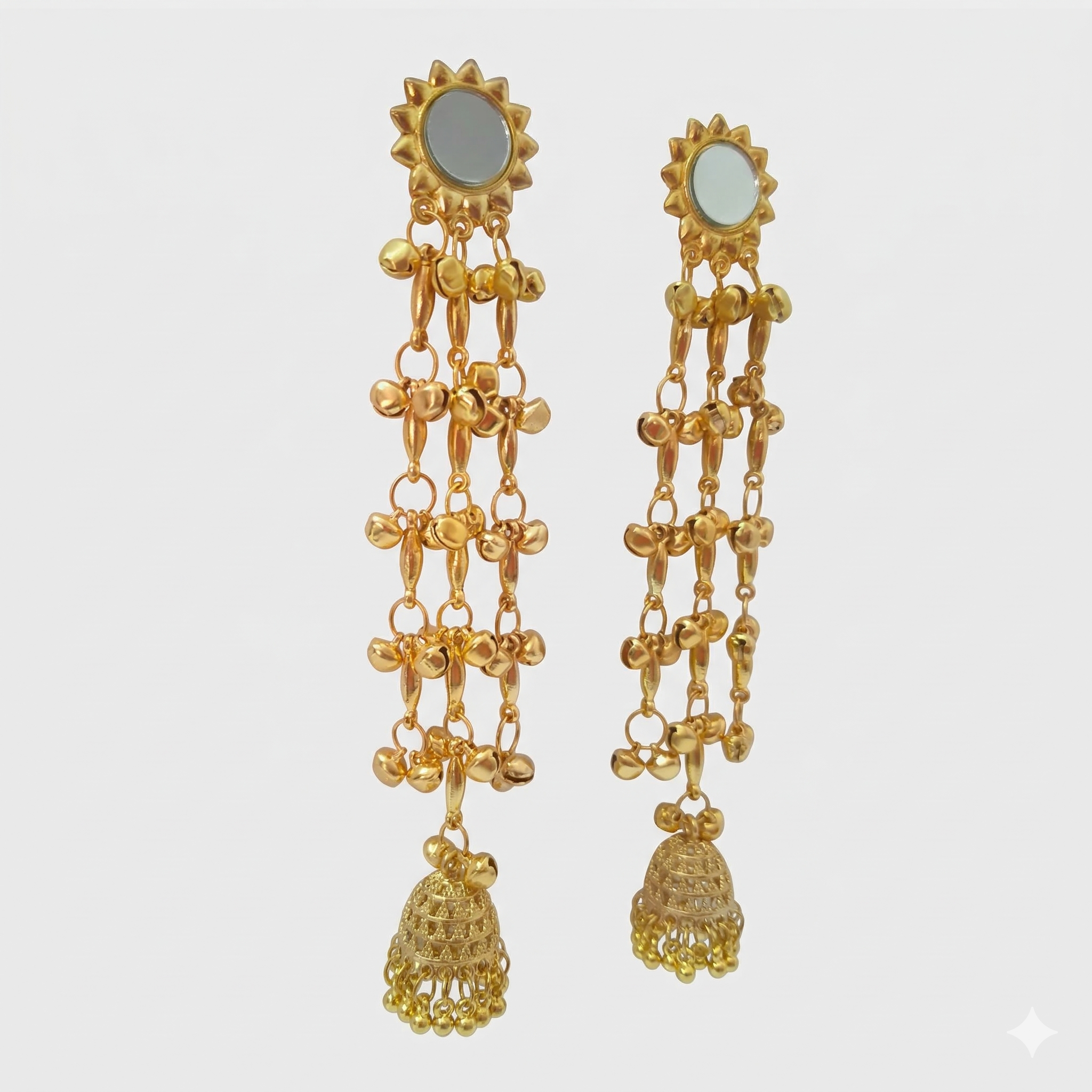 Kashmiri Noor Jhumka Chandeliers - Gold Tone Mirror Work Earrings