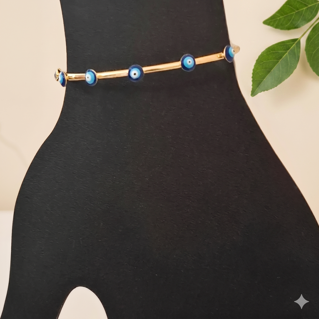 Blue Evil Eye Open Cuff Bracelet – Gold Plated Stainless Steel Anti-Tarnish Bangle for Women