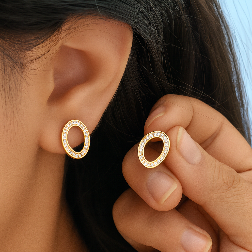 Timeless Sparkle Brass Oval & Round Stud Earrings Combo with American Diamonds